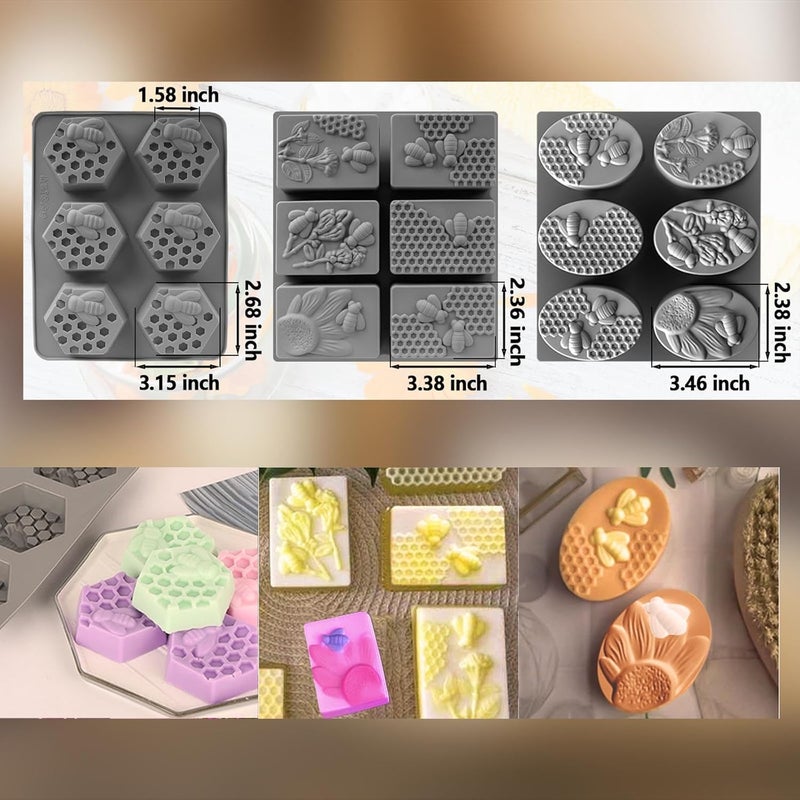 Fuehbur (More Styles Optional) 3 Pack Bee Soap Silicone Molds Set, Oval, Rectangular and Hexagon Shape 6 Cavities Honeycomb Moulds for DIY Craft, Wax Melts Beeswax, 3PCS - Image 2